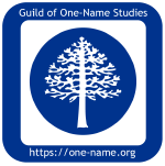 Guild of One-Name Studies Badge -- a rounder blue edged box, with a blue circle within containing a tree. "Guild of One-Name Studies" is along the top and the url, "https://one-name.org" is on the bottom.